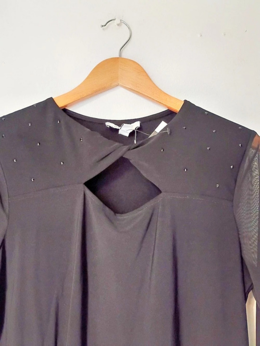 Nine West Black Embellished Mesh Sleeve Blouse Size Large NWT